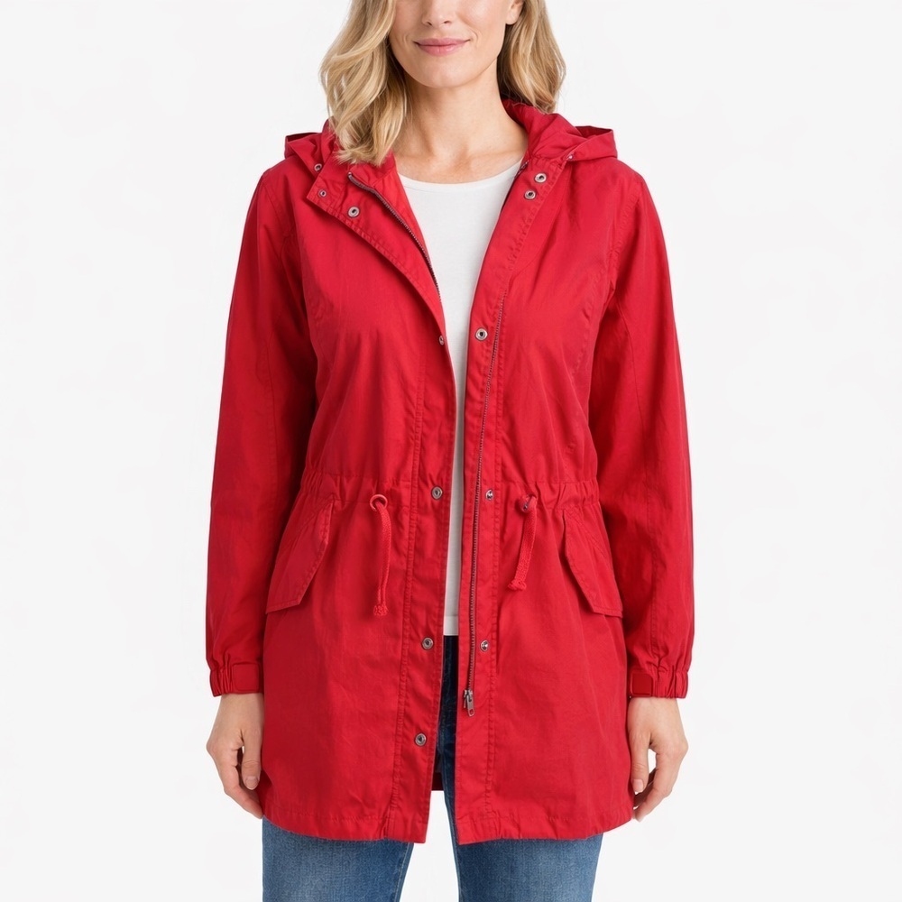 Garnet Hill Utility Jacket Hooded Long Anorak Lightweight Coat Cotton Red Size 6